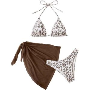 imageSHENHE Womens 3 Piece Floral Bikini Set with Wrap Coverup Halter Triangle SwimsuitsDark Brown