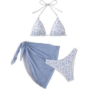 imageSHENHE Womens 3 Piece Floral Bikini Set with Wrap Coverup Halter Triangle SwimsuitsDusty Blue