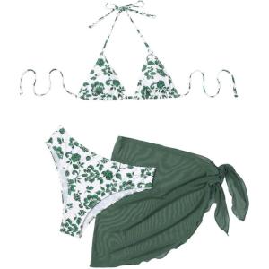 imageSHENHE Womens 3 Piece Floral Bikini Set with Wrap Coverup Halter Triangle SwimsuitsGreen and White