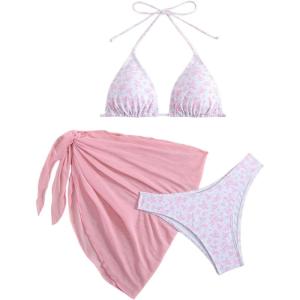 imageSHENHE Womens 3 Piece Floral Bikini Set with Wrap Coverup Halter Triangle SwimsuitsLight Pink a