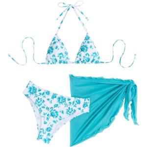 imageSHENHE Womens 3 Piece Floral Bikini Set with Wrap Coverup Halter Triangle SwimsuitsMint Blue