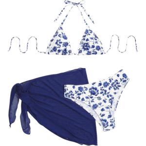 imageSHENHE Womens 3 Piece Floral Bikini Set with Wrap Coverup Halter Triangle SwimsuitsNavy Blue