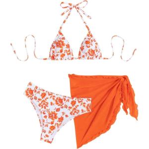 imageSHENHE Womens 3 Piece Floral Bikini Set with Wrap Coverup Halter Triangle SwimsuitsOrange