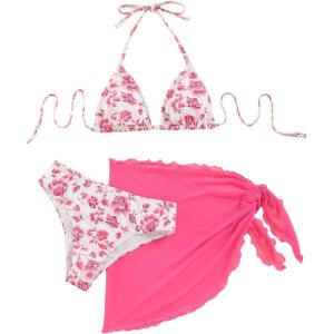imageSHENHE Womens 3 Piece Floral Bikini Set with Wrap Coverup Halter Triangle SwimsuitsPink