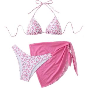 imageSHENHE Womens 3 Piece Floral Bikini Set with Wrap Coverup Halter Triangle SwimsuitsPink and White