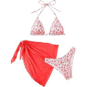 imageSHENHE Womens 3 Piece Floral Bikini Set with Wrap Coverup Halter Triangle SwimsuitsRose Red