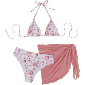 imageSHENHE Womens 3 Piece Floral Bikini Set with Wrap Coverup Halter Triangle SwimsuitsRusty Rose