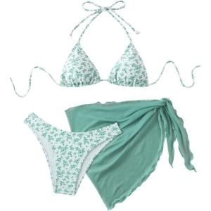 imageSHENHE Womens 3 Piece Floral Bikini Set with Wrap Coverup Halter Triangle SwimsuitsSoft Green