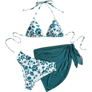 imageSHENHE Womens 3 Piece Floral Bikini Set with Wrap Coverup Halter Triangle SwimsuitsTeal Blue