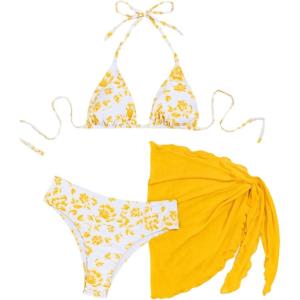 imageSHENHE Womens 3 Piece Floral Bikini Set with Wrap Coverup Halter Triangle SwimsuitsYellow