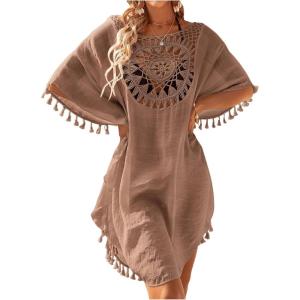 imageSHENHE Womens Crochet Patchwork Tassel Dress Swim Cover Up Dolman Sleeve Beach SundressKhaki
