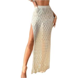 imageSHENHE Womens Crochet Swim Cover Up High Slit Sheer Long Beach Skirt Cover UpApricot