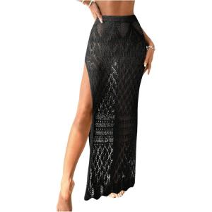 imageSHENHE Womens Crochet Swim Cover Up High Slit Sheer Long Beach Skirt Cover UpBlack
