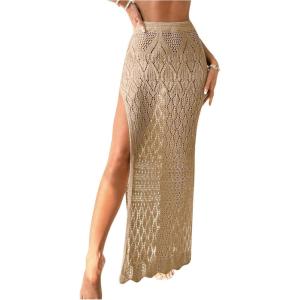 imageSHENHE Womens Crochet Swim Cover Up High Slit Sheer Long Beach Skirt Cover UpDeep Apricot