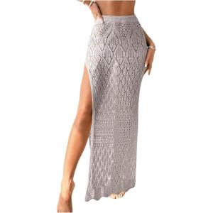 imageSHENHE Womens Crochet Swim Cover Up High Slit Sheer Long Beach Skirt Cover UpGrey