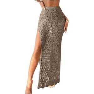 imageSHENHE Womens Crochet Swim Cover Up High Slit Sheer Long Beach Skirt Cover UpMocha Brown