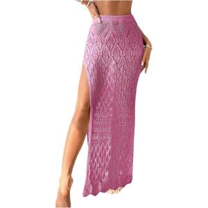 imageSHENHE Womens Crochet Swim Cover Up High Slit Sheer Long Beach Skirt Cover UpRed Violet