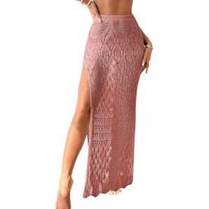 imageSHENHE Womens Crochet Swim Cover Up High Slit Sheer Long Beach Skirt Cover UpRusty Rose