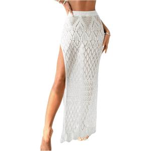 imageSHENHE Womens Crochet Swim Cover Up High Slit Sheer Long Beach Skirt Cover UpWhite
