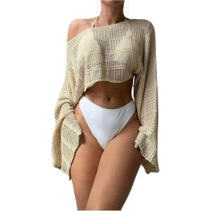 imageSHENHE Womens Hollow Out Crochet Boat Neck Long Sleeve Sheer Crop Swimsuit Cover Up TopApricot