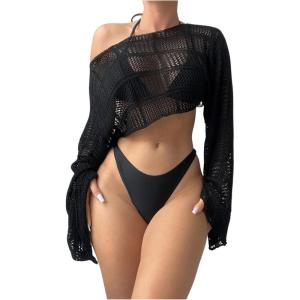 imageSHENHE Womens Hollow Out Crochet Boat Neck Long Sleeve Sheer Crop Swimsuit Cover Up TopBlack