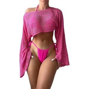imageSHENHE Womens Hollow Out Crochet Boat Neck Long Sleeve Sheer Crop Swimsuit Cover Up TopHot Pink