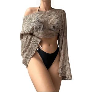 imageSHENHE Womens Hollow Out Crochet Boat Neck Long Sleeve Sheer Crop Swimsuit Cover Up TopMocha Brown