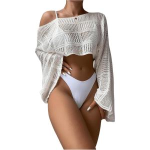 imageSHENHE Womens Hollow Out Crochet Boat Neck Long Sleeve Sheer Crop Swimsuit Cover Up TopWhite
