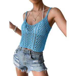 imageSHENHE Womens Hollow Out Crochet Scoop Neck Sleeveless Cami Top Bikini Cover UpsBlue