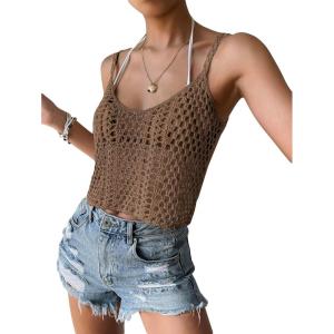 imageSHENHE Womens Hollow Out Crochet Scoop Neck Sleeveless Cami Top Bikini Cover UpsMocha Brown