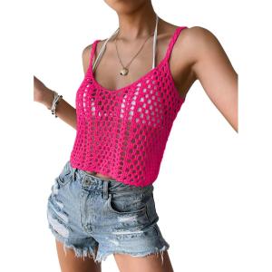 imageSHENHE Womens Hollow Out Crochet Scoop Neck Sleeveless Cami Top Bikini Cover UpsPink