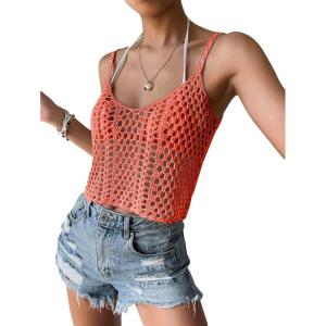 imageSHENHE Womens Hollow Out Crochet Scoop Neck Sleeveless Cami Top Bikini Cover UpsRust Brown