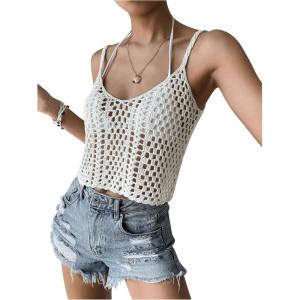 imageSHENHE Womens Hollow Out Crochet Scoop Neck Sleeveless Cami Top Bikini Cover UpsWhite