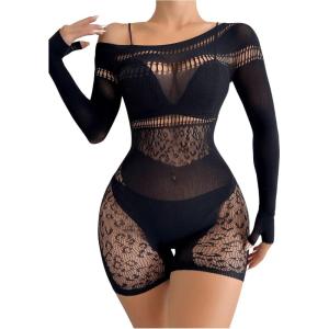 imageSHENHE Womens Mesh Hollow Out Backless Sleeveless Halter Babydoll Lingerie Dress Fishnet RomperFishnet Romper