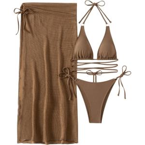 imageSHENHE Womens Sexy 3 Piece Halter Swimsuit with High Slit Cover Up Skirt Triangle String Bikini SetCoffee Brown