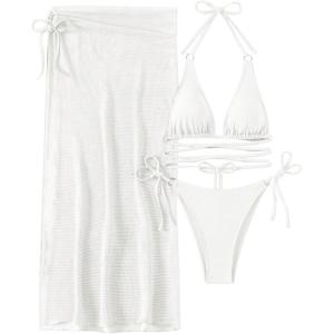 imageSHENHE Womens Sexy 3 Piece Halter Swimsuit with High Slit Cover Up Skirt Triangle String Bikini SetWhite