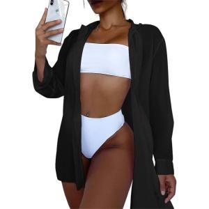 imageSHENHE Womens Sheer Button Up Long Sleeve Beach Kimono Cover Up Shirt Sun DressesBlack