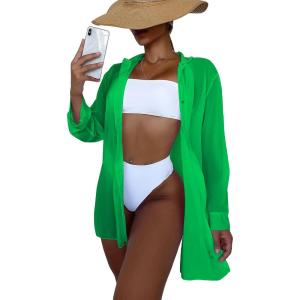 imageSHENHE Womens Sheer Button Up Long Sleeve Beach Kimono Cover Up Shirt Sun DressesGreen