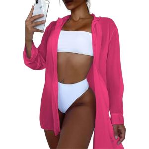 imageSHENHE Womens Sheer Button Up Long Sleeve Beach Kimono Cover Up Shirt Sun DressesHot Pink