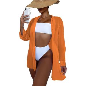 imageSHENHE Womens Sheer Button Up Long Sleeve Beach Kimono Cover Up Shirt Sun DressesOrange