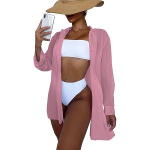 imageSHENHE Womens Sheer Button Up Long Sleeve Beach Kimono Cover Up Shirt Sun DressesPink a