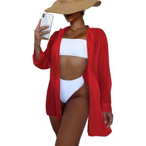 imageSHENHE Womens Sheer Button Up Long Sleeve Beach Kimono Cover Up Shirt Sun DressesRed