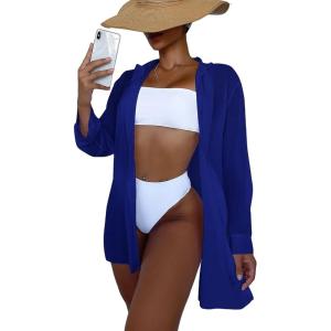 imageSHENHE Womens Sheer Button Up Long Sleeve Beach Kimono Cover Up Shirt Sun DressesRoyal Blue