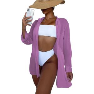 imageSHENHE Womens Sheer Button Up Long Sleeve Beach Kimono Cover Up Shirt Sun DressesViolet Purple