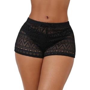 imageSHENHE Womens Sheer Hollow Out Swim Cover Up Shorts Tie Front Boho Beach Shorts CoverupBlack