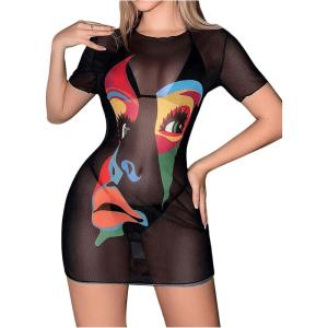 imageSHENHE Womens Sheer Mesh Graphic Swim Coverups Short Sleeve Crew Neck Beach Short DressBlack