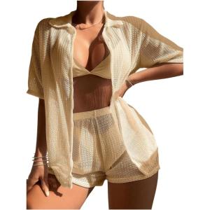 imageSHENHE Womens Sheer Swim Cover Up 2 Piece Set Kimono Shirt and Shorts Bikini CoverupApricot