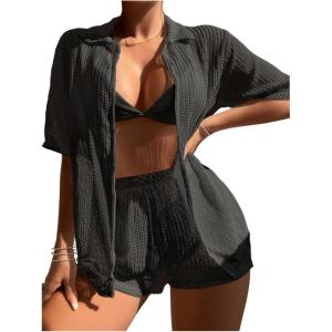 imageSHENHE Womens Sheer Swim Cover Up 2 Piece Set Kimono Shirt and Shorts Bikini CoverupBlack