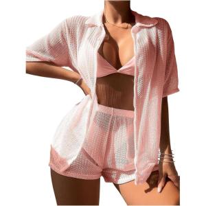 imageSHENHE Womens Sheer Swim Cover Up 2 Piece Set Kimono Shirt and Shorts Bikini CoverupPink