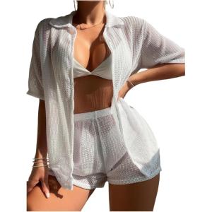 imageSHENHE Womens Sheer Swim Cover Up 2 Piece Set Kimono Shirt and Shorts Bikini CoverupWhite